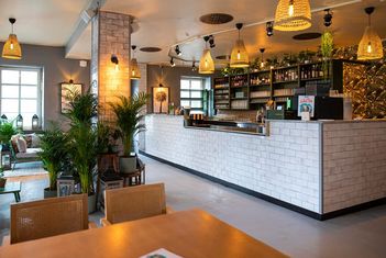 Moderne Bar mit weißen Fliesen, Pflanzen und warmer Beleuchtung. slide-10