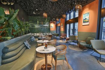 Moderner Loungebereich mit Sitzgelegenheiten und Pflanzen. slide-12