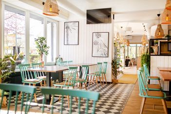 Helles Café-Interieur mit grünen Stühlen und Pflanzen. slide-7