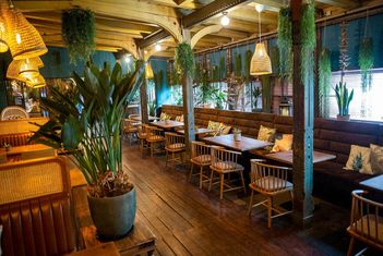 Gemütlicher Essbereich mit Holzdekor und Hängepflanzen. slide-11